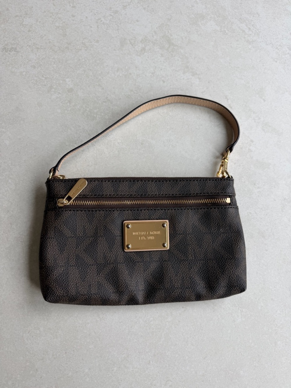 Michael Kors Dark Brown Logo Wristlet with Gold Hardware